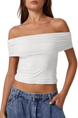 QINSEN Womens Off The Shoulder Tops Double Lined Short Sleeve T Shirts Slim Fitted Stretchy Crop Top, S