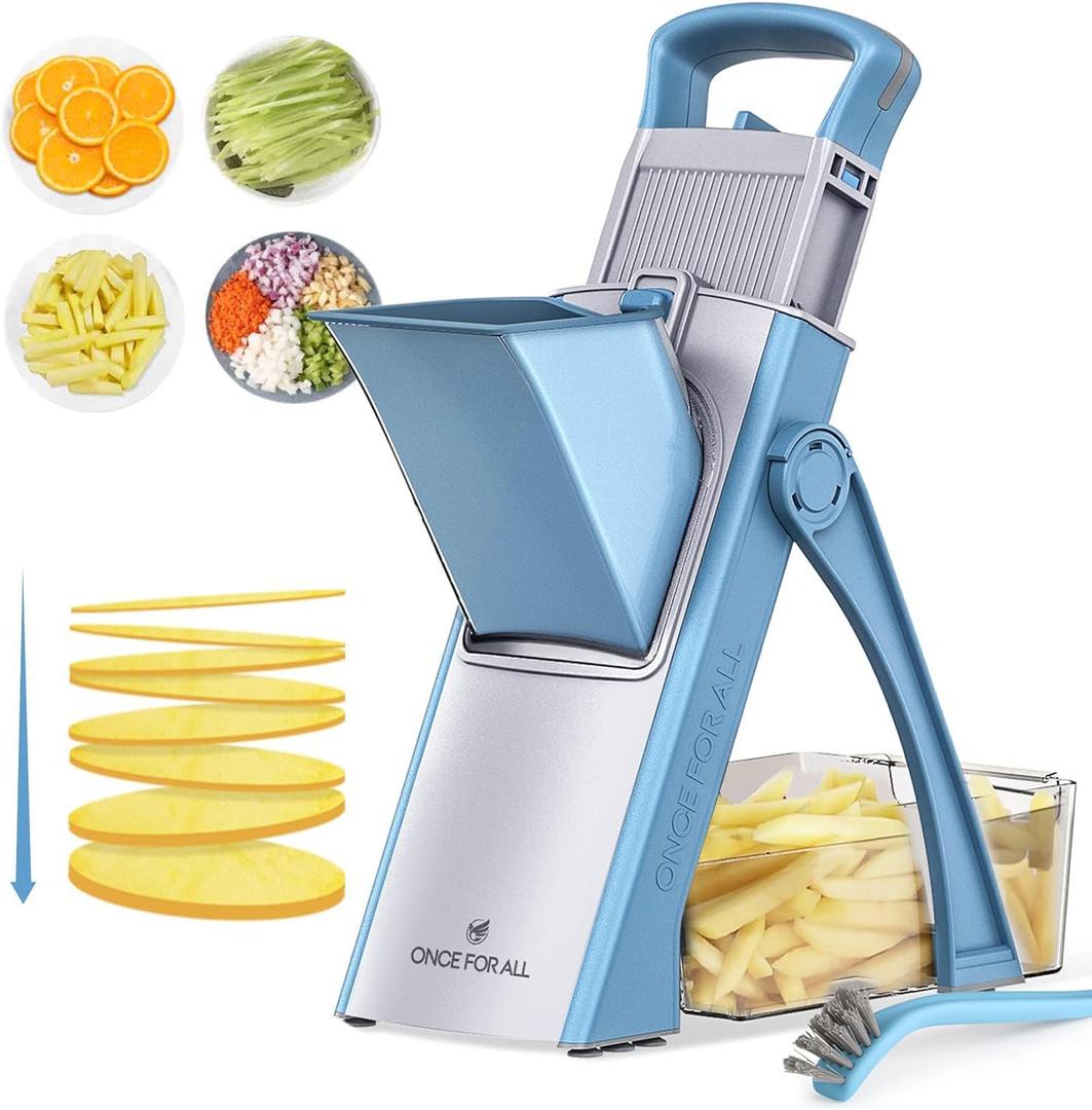 ONCE FOR ALL Upgrade Safe Mandoline Slicer Plus, Biger Size, Adjustable Vegetable Food Chopper Potato Fries Cutter, Detachable Blade, Kitchen Chopping Artifact, Gift (SkyBlue) (Gray)