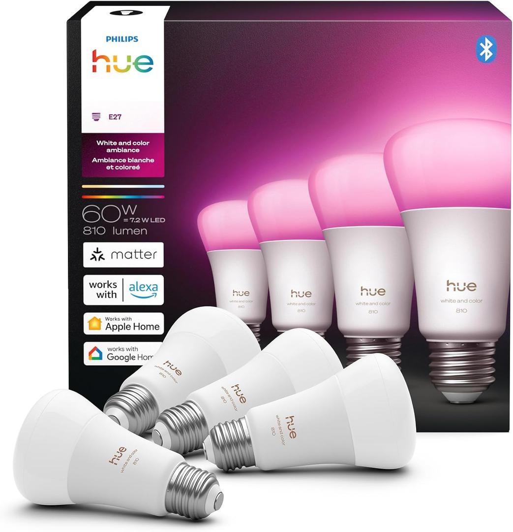 Philips Hue Smart LED A19 Bulb 4-Pack, White Color Ambiance, E26 Base, 7.2W, Full Spectrum Light 1000K-20000K, 810 Lumens, Dimmable, Works with Alexa, Google,& Apple Home
