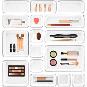 Ravinte 16 PCS Drawer Organizer Plastic Storage Bins, 5 - Size Kitchen Drawer Organizer with Non-Slip Pads Clear Desk Storage Tray for Makeup, Jewelries, Kitchen Utensils and Office