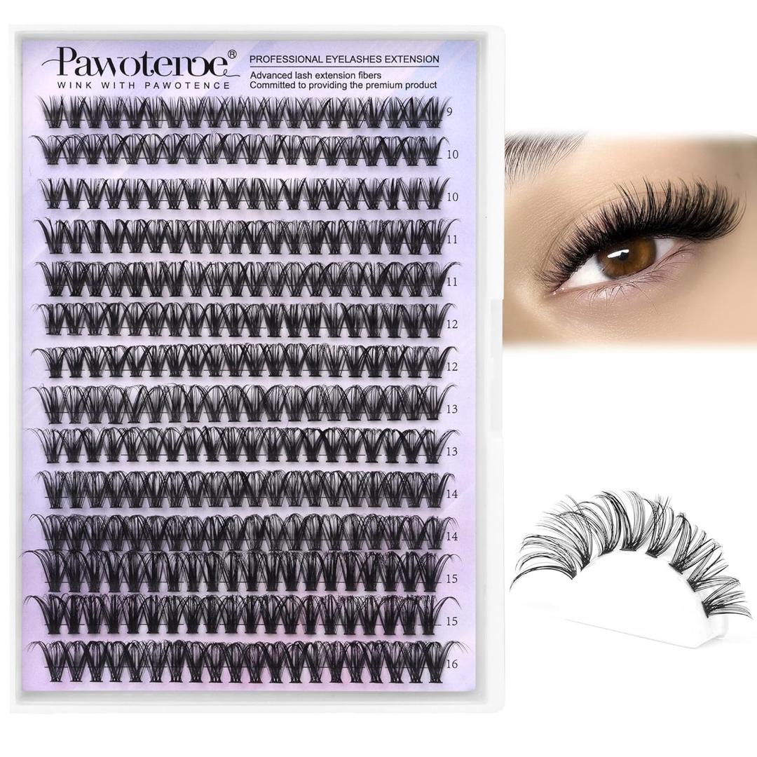 Pawotence Lash Clusters 40D 280pcs Cluster Eyelash Extensions 9-16mm Mix Eyelash Clusters Lash Extension Individual Lashes for Self Application (40D, 0.07D, 9-16mm)