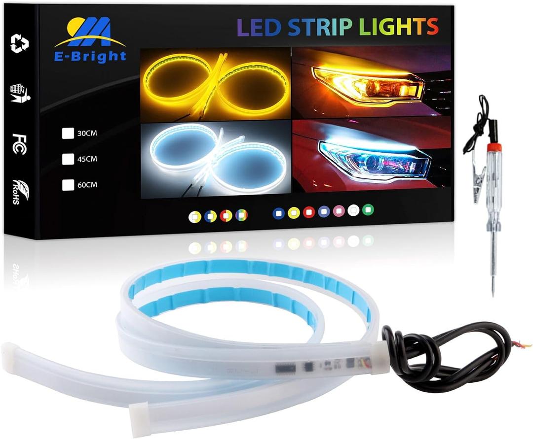 YM E-Bright Led Strip Lights for Cars, SUV, Motorcycle Daytime Running Lights Turn Signal Bulb DRL Sequential Switchback Led Strip Amber/Yellow & White (2Pcs 60CM/24 Inch)