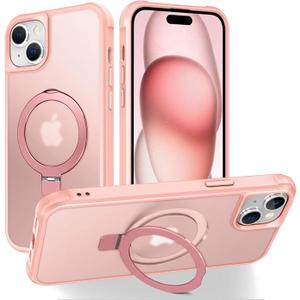 Magnetic Compatible with iPhone 15 Case with Stand [Military Grade Drop Tested][Compatible with Magnet] Ring Translucent Slim Hard Back Soft Edge, Pink 
