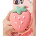 TUFTA Cute 3D Strawberry Pop-Up Stand and Grip Phone Case for iPhone 14 Pro Max, Kawaii Girly Silicone Fruit Cover for Girls and Women, Pink