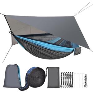 Camping Hammock with Mosquito Net Rain Fly Heavy Duty Tree Strap Nylon Parachute Single Double Hammock Tent Waterproof Rainfly Set for Camping Backpacking Backyard Patio Hiking Travel Outdoor (Blue)