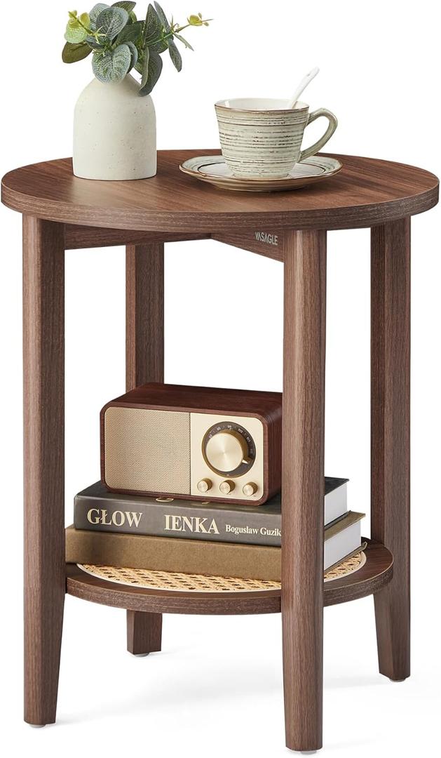VASAGLE Round Side End Table, 2-Tier Boho Bedside Table with Rattan-Look Storage Shelf, Nightstand for Small Spaces, for Living Room, Bedroom, Home Office, Black Walnut ULET296K01 (15.8"Dia. x 21.9"H)