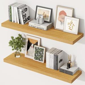 36 Inch Floating Shelves, 12 Inch Deep Floating Shelves for Wall, Extra Deeper & Thicker Wooden Wall Shelf with Invisible Brackets, Shelf for Bedroom Home Decor（Oak, Set of 2）