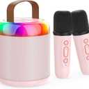 Mini Karaoke Machine for Kids Portable Bluetooth 5.3 Speaker Led Lights with 2 Wireless Microphones Karaoke Gifts for Girls Boys Adult Birthday Christmas Solid Metal Body (Pink)