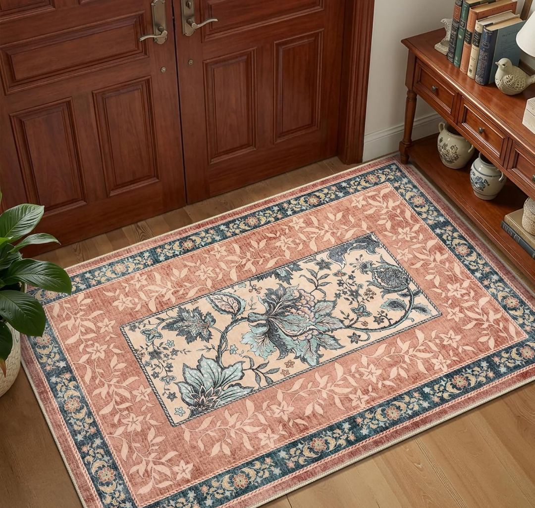 GarveeHome Terracotta Teal 2x3 Door Mat Indoor Rugs for Entryway Provence Small Botanical Grove Cottage core Washable Non-Slip Low-Pile Rug for Bedroom Bathroom Entrance TPE Backing