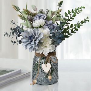 Leftover Fake Flowers in Vase,Faux Flowers in Vase,Table Centerpieces for Dining Room,Flower Centerpieces for Tables,Artificial Flowers,Kitchen Decor,Coffee Table Decor (Blue)