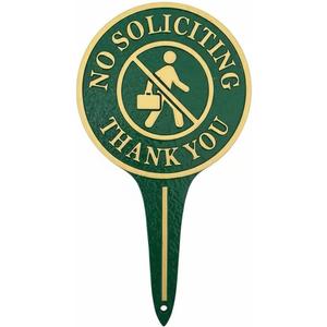 No Soliciting Thank You Yard Sign, Green and Gold Aluminum Metal Lawn Sign, Heavy-Duty 11.22" x 6.18" Round Sign with Raised Letters, Integrated Ground Stake for Easy and Stable Installation.