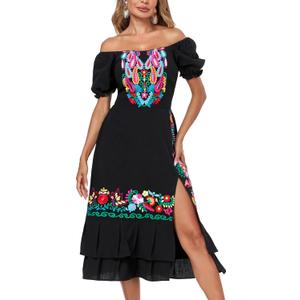 YZXDORWJ Mexican Dress for Women Boho Embroidered Sexy Ruffle Maxi Dress Short Sleeve Summer Beach Wedding Party Dress (Large, 526bk)