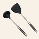 2 x FJNATINH Silicone Wok Spatula and Ladle Set - Stainless Steel Wok Tools, Wok Utensil,Non Stick Heat-Resistant Cooking Utensils BPA Free Kitchen Utensils Cookware (Black Stainless Steel-2PCS)
