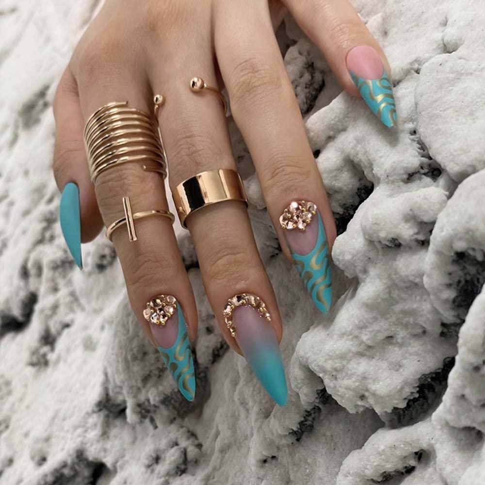Redykat 24PCS Stiletto Matte Press On Nails, Salon Quality Nail Art, Extra Long Acrylic False Nails, Fake Nails, Home Quick Manicure (bluegreen ombre), 10-Pack