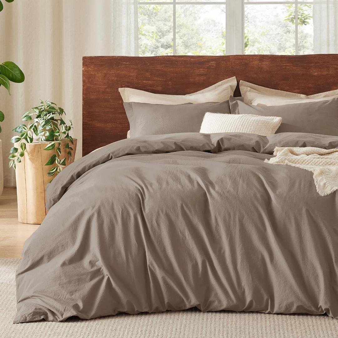 Bedsure 100% Washed Cotton Duvet Cover King Size - Taupe Minimalist Cotton Duvet Cover Set Linen Like - 3 Pieces GentleSoft Plain Simple Bedding Set with 2 Pillow Shams (Taupe, King, 104"x90") (King (104" x 90"), 05 - Taupe (No Comforter))