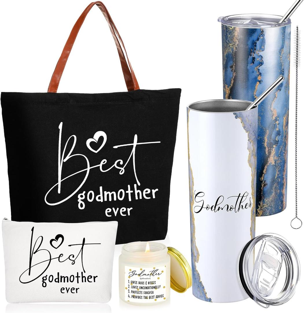 Domensi 4 Pack Valentines Godmother Proposal Gifts Set Included 20oz Stainless Steel Tumbler Cup with Straw and Lid Best Godmother Ever Gift Tote Bag Makeup Bag Scented Candle Mother Favors (Black) (Blue)