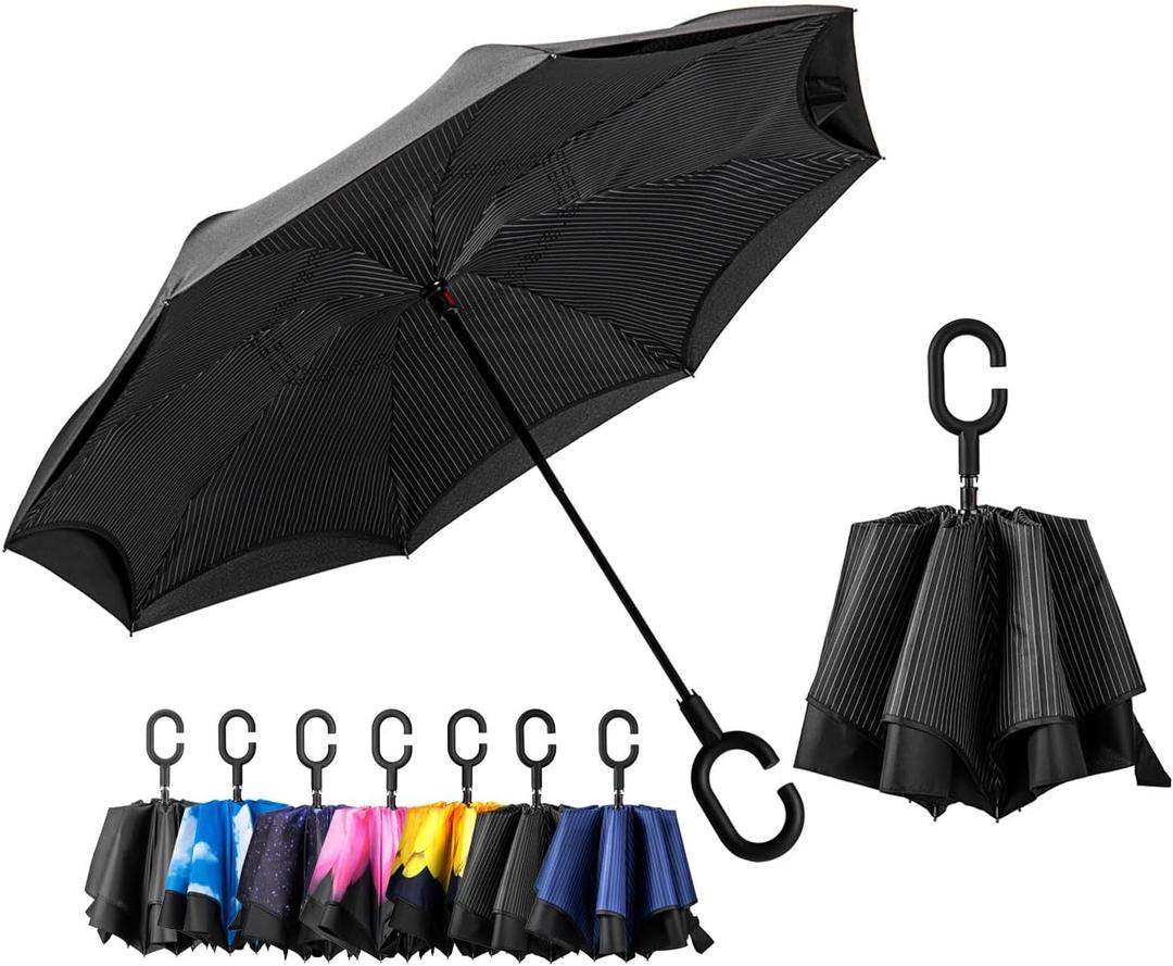 LANBRELLA Umbrella Windproof Compact Travel Umbrella Auto Open Close for Rain (48 INCH, F2.6.Pin Strip Black)