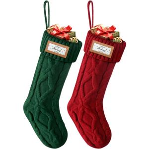 Christmas Stocking - 16 Inch Cable Knit Christmas Stockings, Cozy Hanging Xmas Stockings for Kids, Holiday and Fireplace Party Decoration, 2 Pack - Red & Green