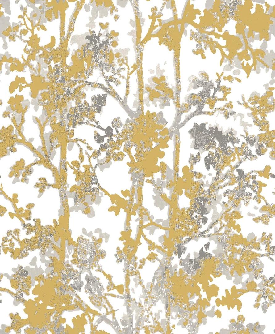 White and Golden Yellow Abstract Tree Forest Peel and Stick Wallpaper Modern Natural Floral Removable Self Adhesive Contact Paper for cabinets Bedroom and Bathroom Wallpaper 17.7" x 129.9"