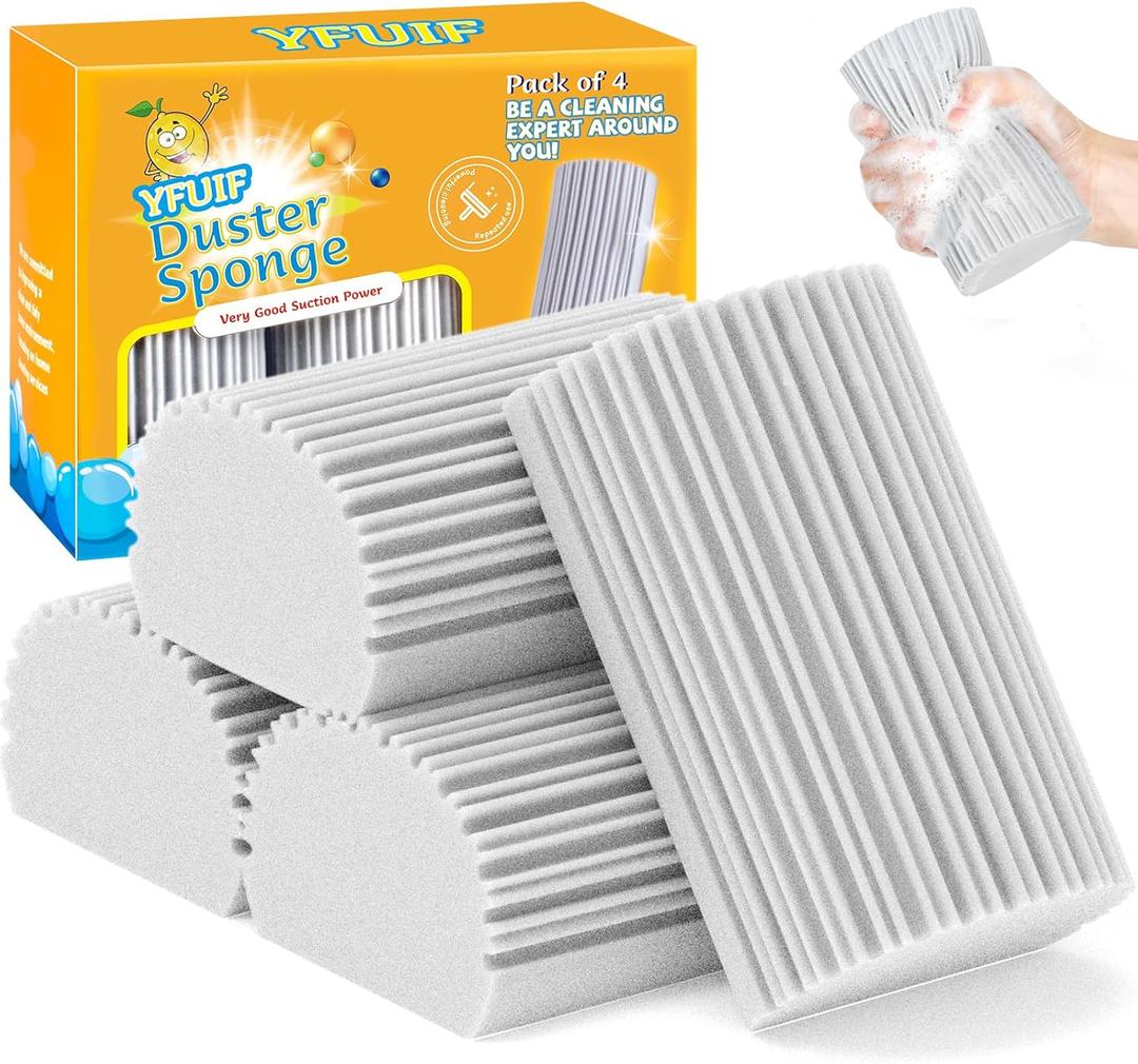 4 Pack Damp Clean Duster Sponge, Magic Sponge Eraser for Household Cleaning, Reusable Dusters Cleaning Supplies for Housekeeping, Dish, Blinds, Glass, Baseboards,Window Track Grooves and Faucets (Gray)