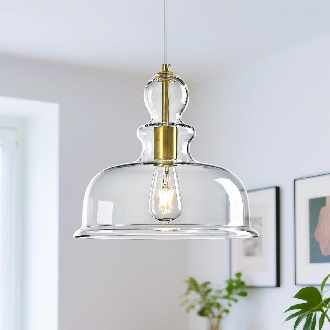 Large Glass Pendant Lights Kitchen Island Gold Pendant Light Fixture with 11.81 in Clear Seeded Glass Chandelier for Bedroom Dining Room Island Pendant Lighting (1 Pack)