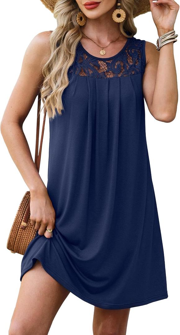 Summer Dresses for Women Sleeveless Lace Crewneck Sundress (XL) (Navy)