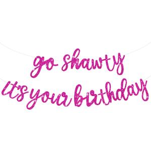 BEISHIDA Rose Red Go Shawty It's Your Birthday Banner - NO DIY - Hip Hop Theme Glitter Happy Birthday Banner - Pre-Strung - Rose Red Rap Theme Happy Birthday Sign for Man Women birthday Party Supply