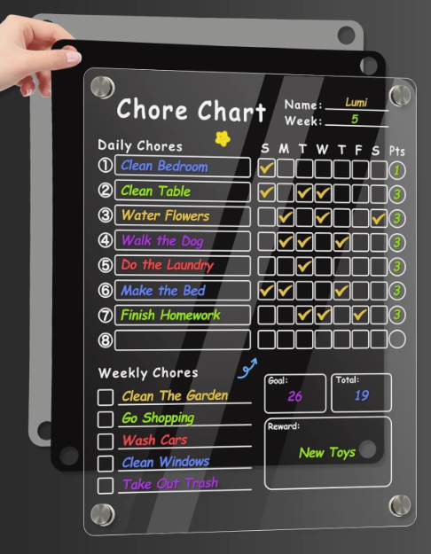 Acrylic Magnetic Chore Chart for Kids, Chore Board, Dry Erase Chore Chart, 12"x9.5" Transparent Erasable Reward Chart for Teens and Adults Chore Checklist and Towel