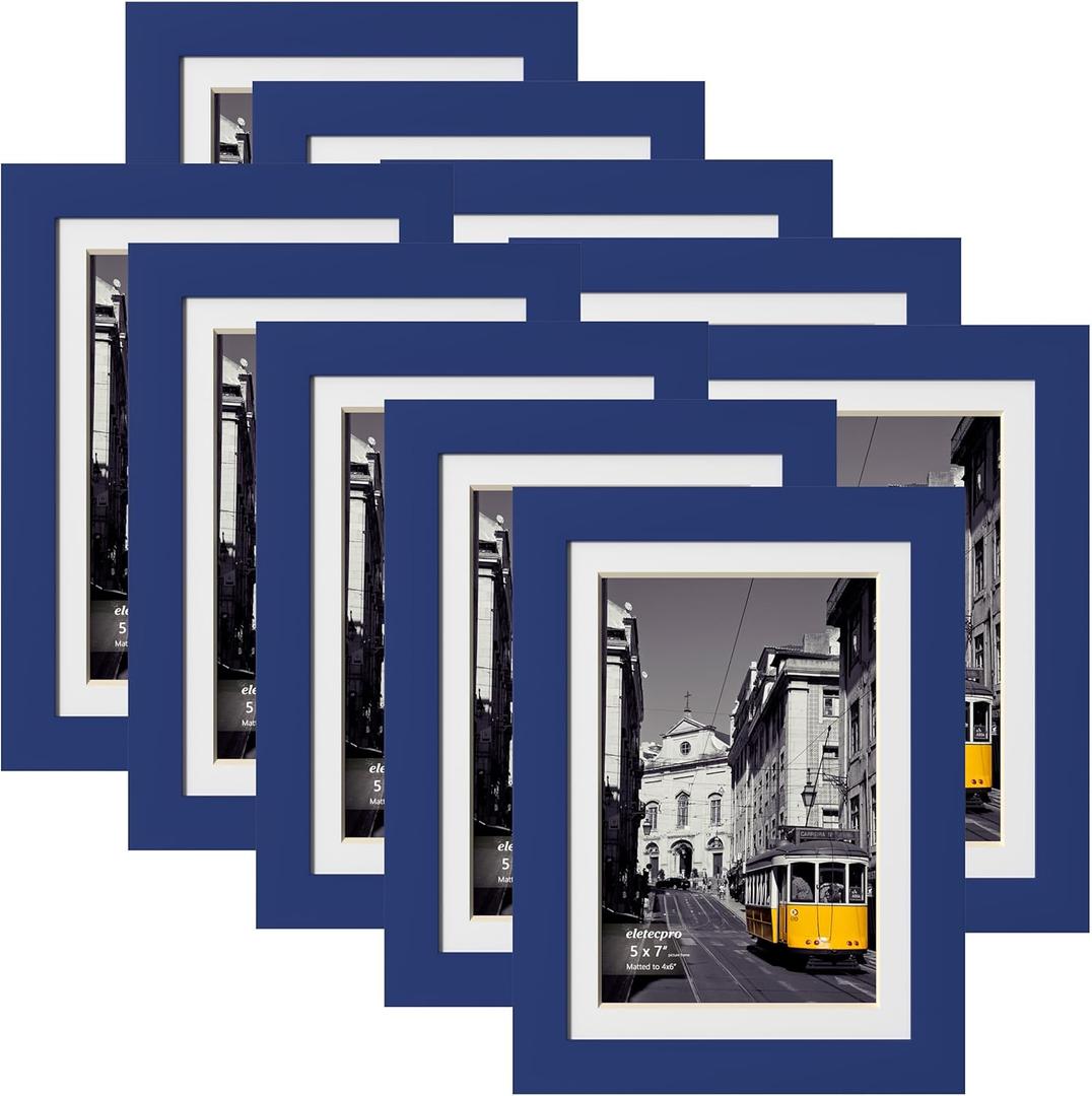 eletecpro 5x7 Picture Frames Set of 10, Picture Frame Collage Wall Decor Display 4x6 Photo with Mat or 5x7 without Mat, Home Decor Gallery Frame for Table Top or Wall Mounting, Blue