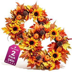 2 Pcs 24 Inch Sunflower Fall Wreath for Front Door-Artificial Autumn Wreath