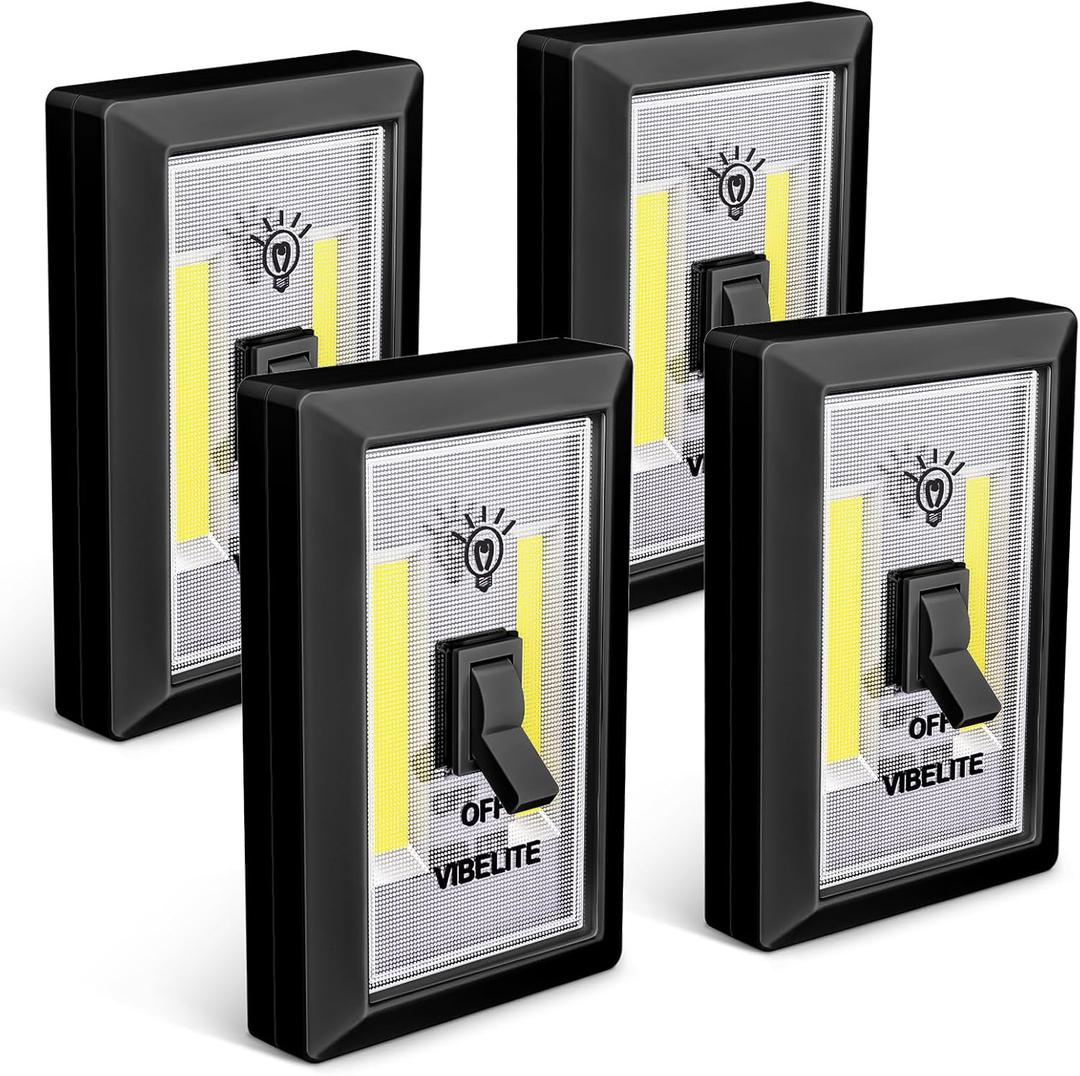 VIBELITE LED Night Light Switch, 200 Lumen Wireless COB LED Lamps Switch Light, Under Cabinet, Shelf, Closet, Garage, Kitchen, Stairwell and Emergency, Battery Operated, 4 Pack, Black