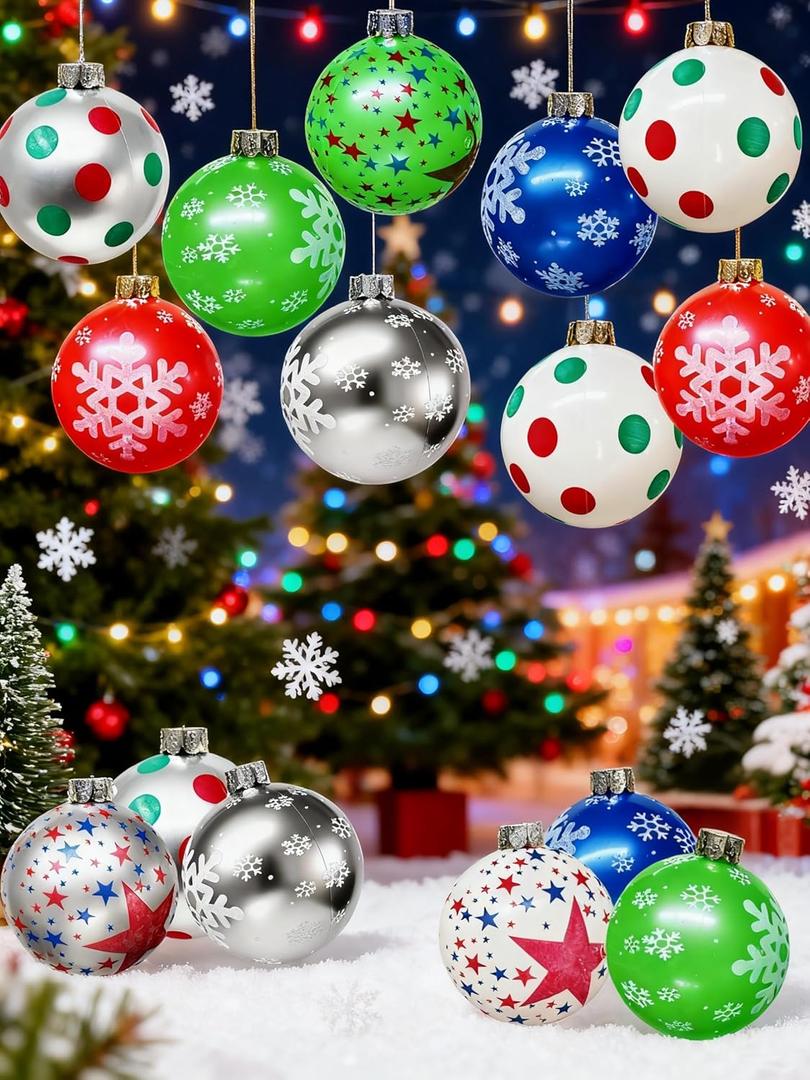 9'' Inflatable Christmas Ornaments (15-Pack) | Large Outdoor Decor Balls for Yard, Patio & Tree | Festive Holiday Party Decorations