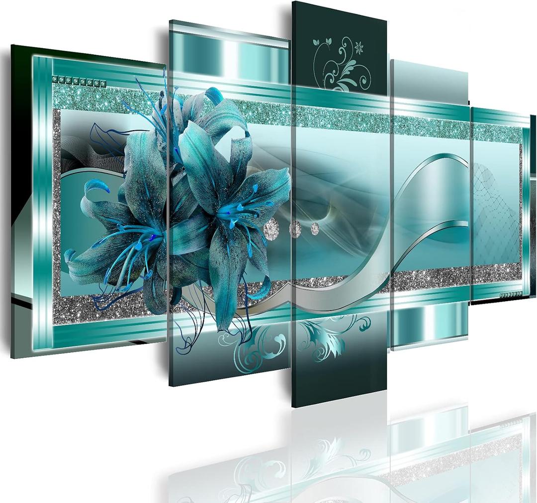 LUDUHU Turquoise Orchid Flowers Canvas Print - Abstract Green Floral Poster, Orchid Wall Art Painting Decor for Home Decoration Artwork Picture Bedroom Green Floral (A,Oversize 40x20inch)
