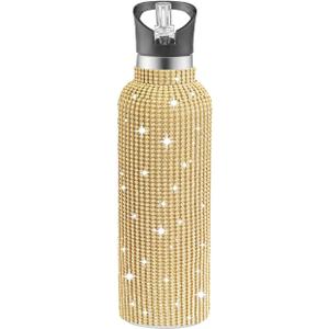 Bling Water Bottle Rhinestone, Diamond Water Bottle with Lid, Rhinestone Water Bottles for Women,Bling Tumblers 600ml20oz,Bright Gold
