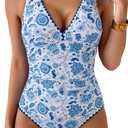 B2prity One Piece Swimsuit for Women Tummy Control Ruched Bathing Suit Push Up Tie Back Swimwear Shell Stitched (XX-Large, Blue Print)