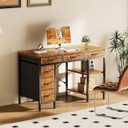Sweetcrispy 47" Computer Desk with 6 Drawers, Home Office Gaming Desks with Storage Shelves for Bedroom, Writing Study Corner Living Room Work Table Rustic Brown