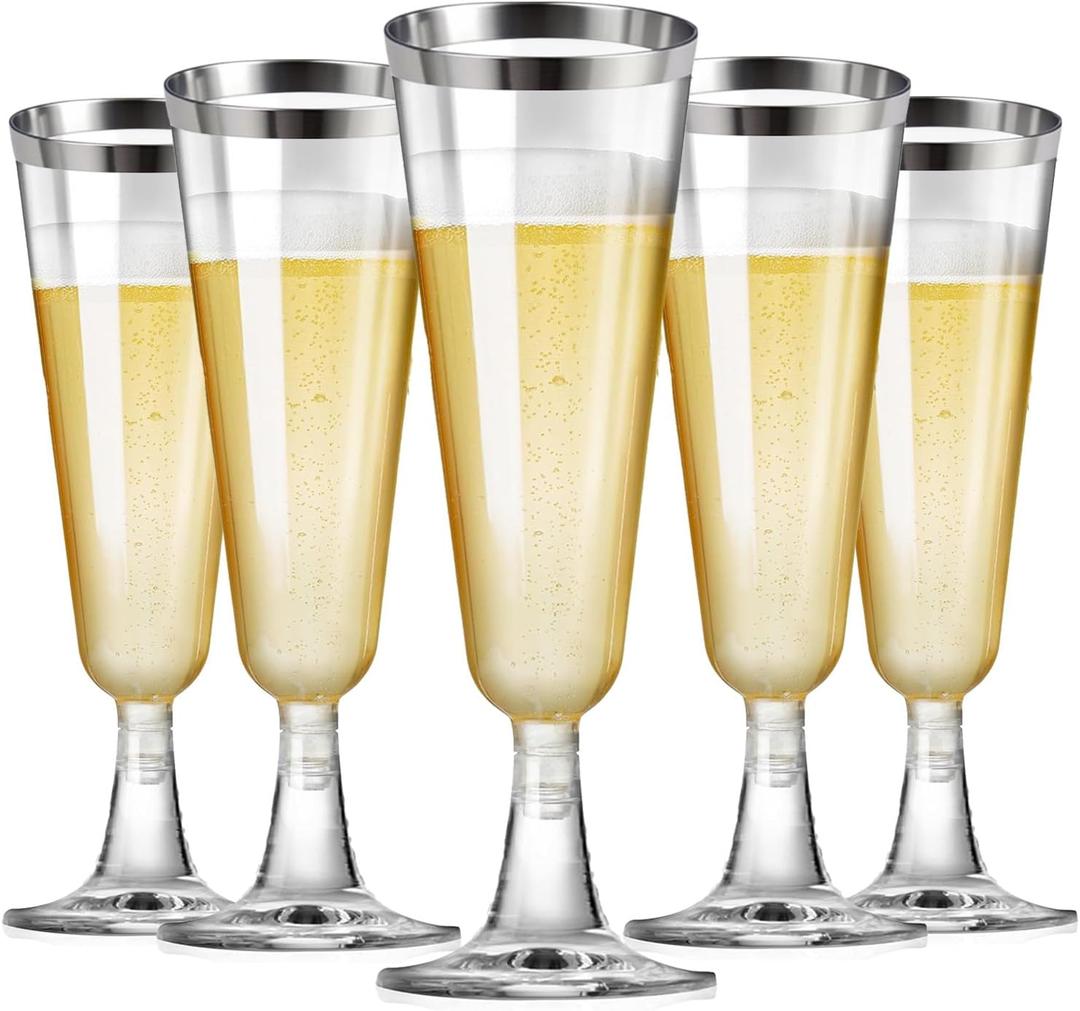 Clear Plastic Champagne Flutes, 5.5 oz, 50 Pack, Disposable Shatterproof Party Glasses (Silver Rim)