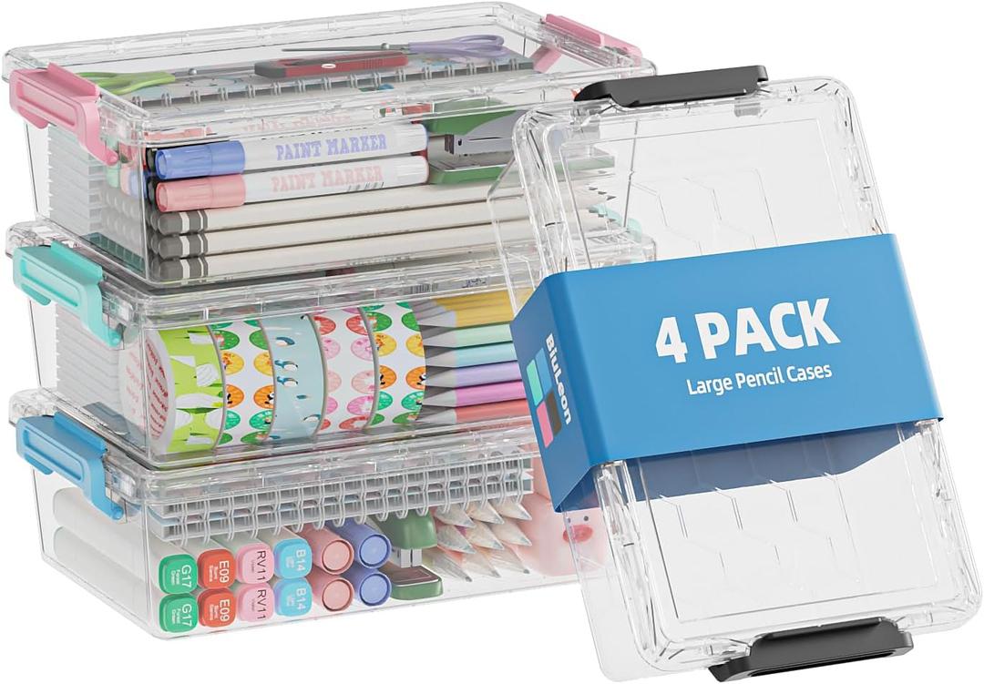 BiuLeon 4 Pack Extra Large Pencil Box, Plastic Pencil Case Organizer, Clear Crayon Box Marker Organizer, Stackable Craft Organizers and Storage for Pen, Craft, Art Supply(Green/Blue/Pink/Black)
