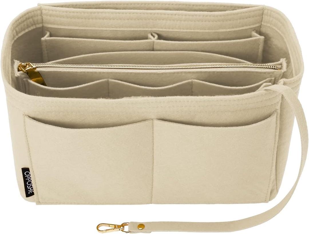 OPPOSHE Purse Organizer Insert for Handbags, Softened Felt Bag Insert Organizer for Tote, Compatible with LV, Coach, MK, Kate Spade, Goyard, Longchamp (Beige, Medium)
