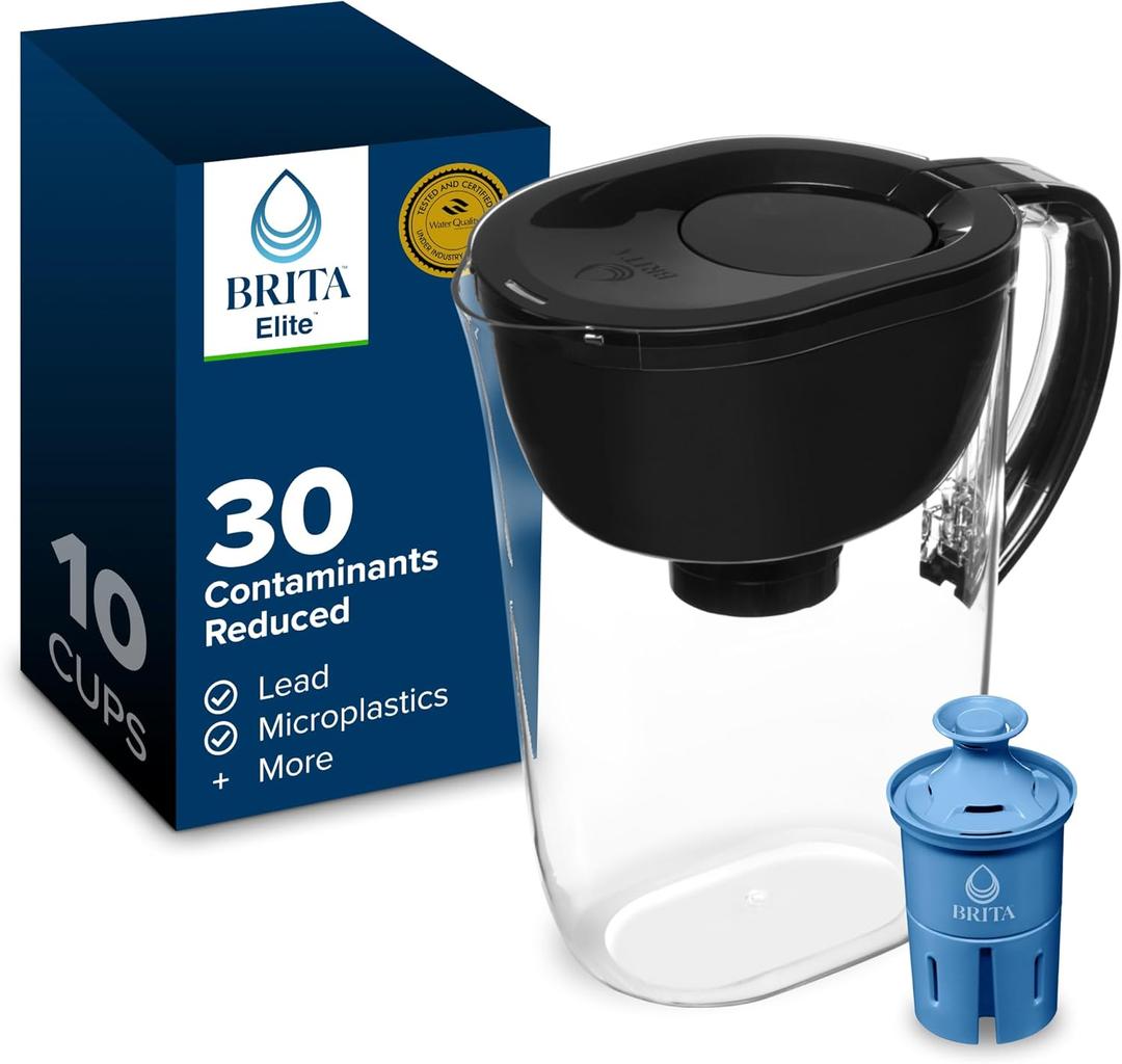 Brita Large 10-Cup Elite Water Filter Pitcher, WQA NSF/ANSI Certified, Reduces 99% of Lead, Microplastics, & 30 Contaminants, BPA-Free, Removes Chlorine Taste & Odor, 1 Elite Filter, Black