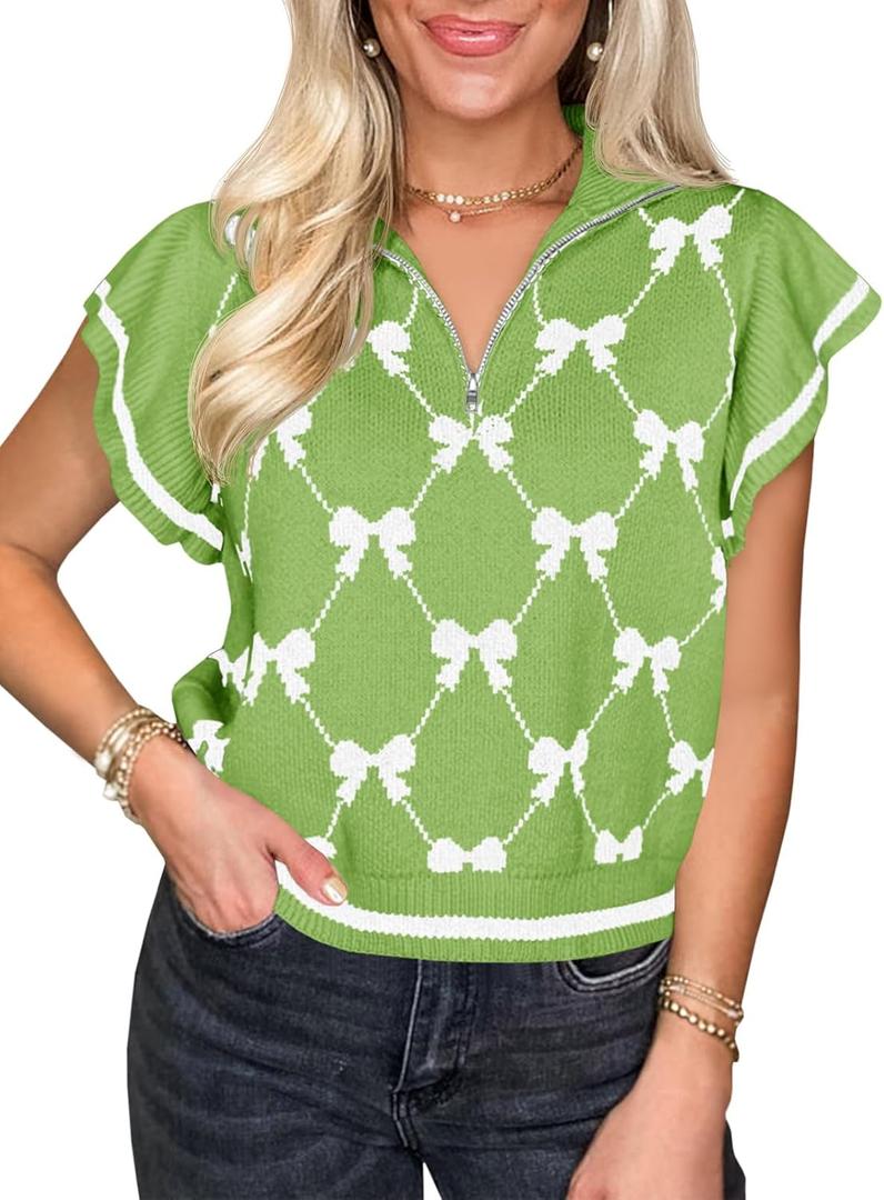 Saodimallsu Womens Ruffle Short Sleeve Knit Tops Summer Quarter Zip Cute Bow Print V Neck Collared Sweater Vest (Small, Green)