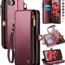 Defencase Compatible with iPhone SE 2020 2022 Case Wallet with RFID Blocking Card Holder for Women Men, PU Leather Magnetic Snap Flip Zipper Strap Wallet Phone Case Fit for iPhone SE/7/8, Wine Red