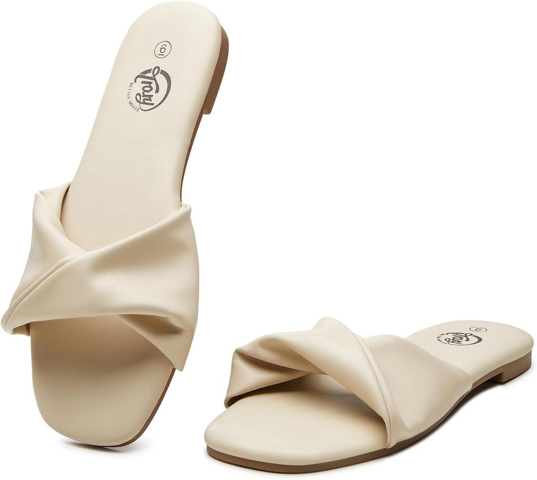 Trary Women's Leather Slides, Comfortable Memory Foam Sandals, Fashion Flat Summer Sandals, Beige, Size 7 (10) Trary Women's Leather Slides, Comfortable Memory Foam Sandals, Fashion Flat Summer Sandals, Beige, Size 7 (10)
