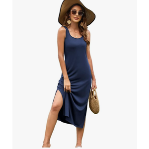 Naggoo Women's Sleevelee Tank Dress Midi Summer Casual Scoop Neck Basic Split Maxi Tshirt Sundresses with Pockets,L