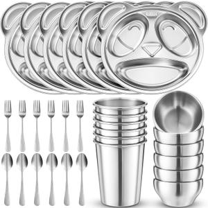 Jinei 30 Pieces Kids Stainless Steel Utensils Set Include Panda Shaped Plates, Bowls, Cups, Spoons, and Forks, Stainless Steel Dinnerware set for Kids Utensils (Panda)