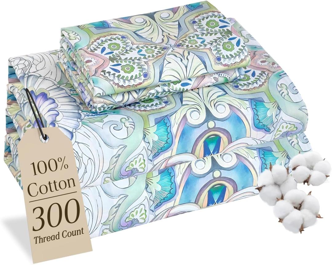 MCO 100% Cotton Sheet Set Floral Printed, 300 Thread Count Cotton Queen Sheet Set, 16" Deep Pocket, Breathable Cooling Sheets 4 Pieces (Queen, Paisley)