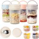 4 Pack Overnight Oats Containers with Lids and Handles, Folding Spoons & Divided Compartments for Fruit & Nuts, 16oz Glass Mason Jars for Oatmeal Yogurt Container with lids (Cream/Blue/Gray/Pink)
