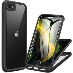 Miracase iPhone SE Case 2020 2022/ iPhone 8 Case, Full-Body Glass Back with Built-in Glass Screen Protector, Rugged iPhone SE Phone Case 3rd Generation/ 2nd Gen, Clear Hard Cover Bumper for SE, Black