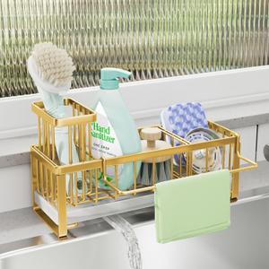 SWTYMIKI Sponge Holder for Kitchen Sink - Sink Caddy with Brush Holder Self-draining Sponge Caddy Organizer with Divider Stainless Steel Kitchen Accessories Storage for Countertop, Gold