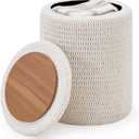 Wimarsbon Pouf Ottoman, 100% Cotton Knitted Boho Footstool, Round Footrest with Non-Skid Wood Legs, Home Dcor Handmade Pouffe, Leisure Floor Step Stool for Living Room (14inch White Storage Ottoman)